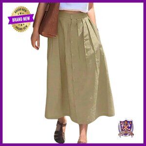 High Waisted Button Front A-Line Pleated Midi Skirt with Pockets